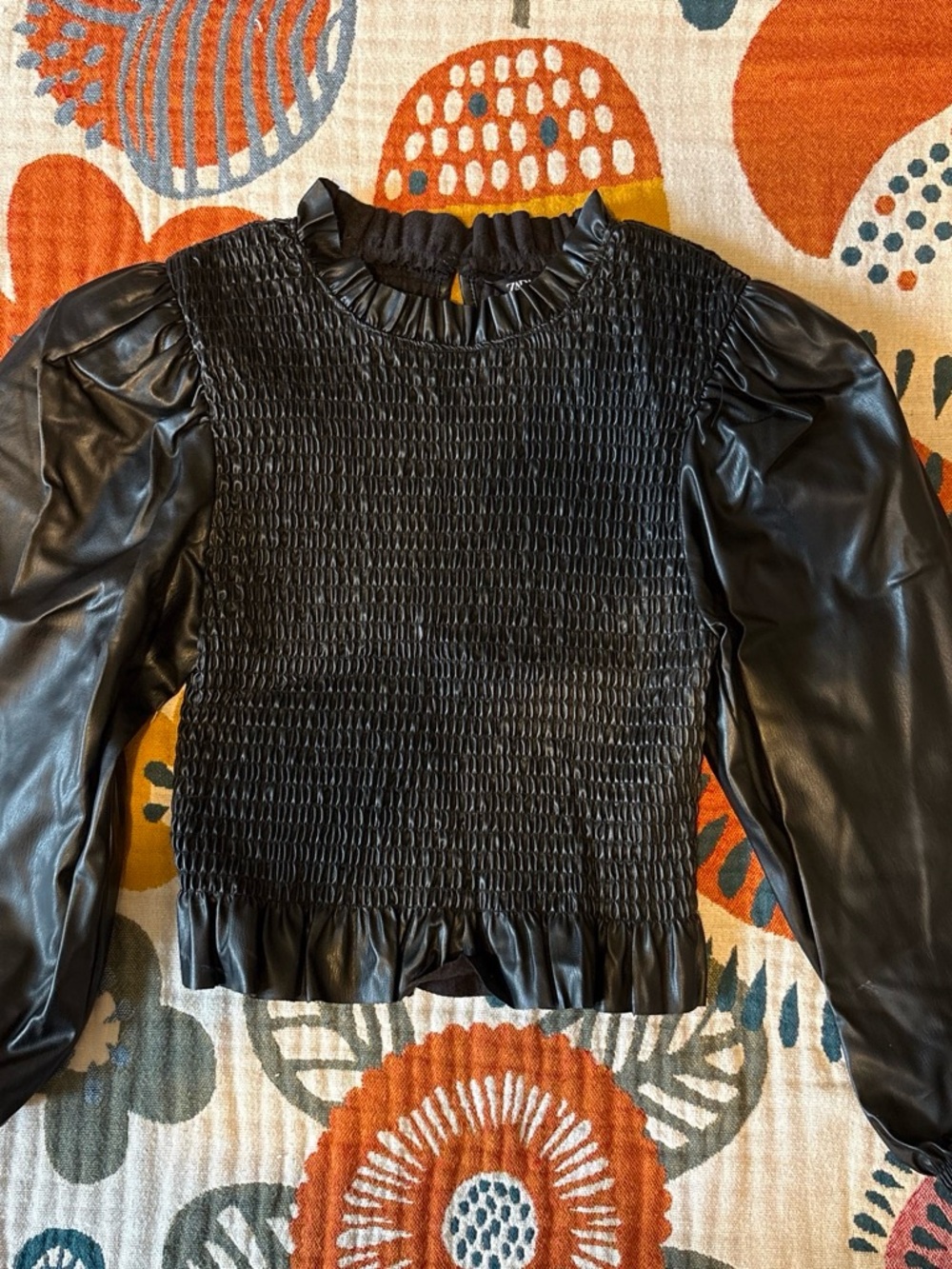 Zara Black Smocked Bodice Faux Leather Puff Sleeve Top